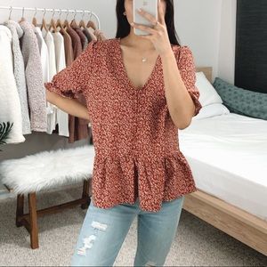 SOLD OUT / Orange Red Floral Peplum Blouse